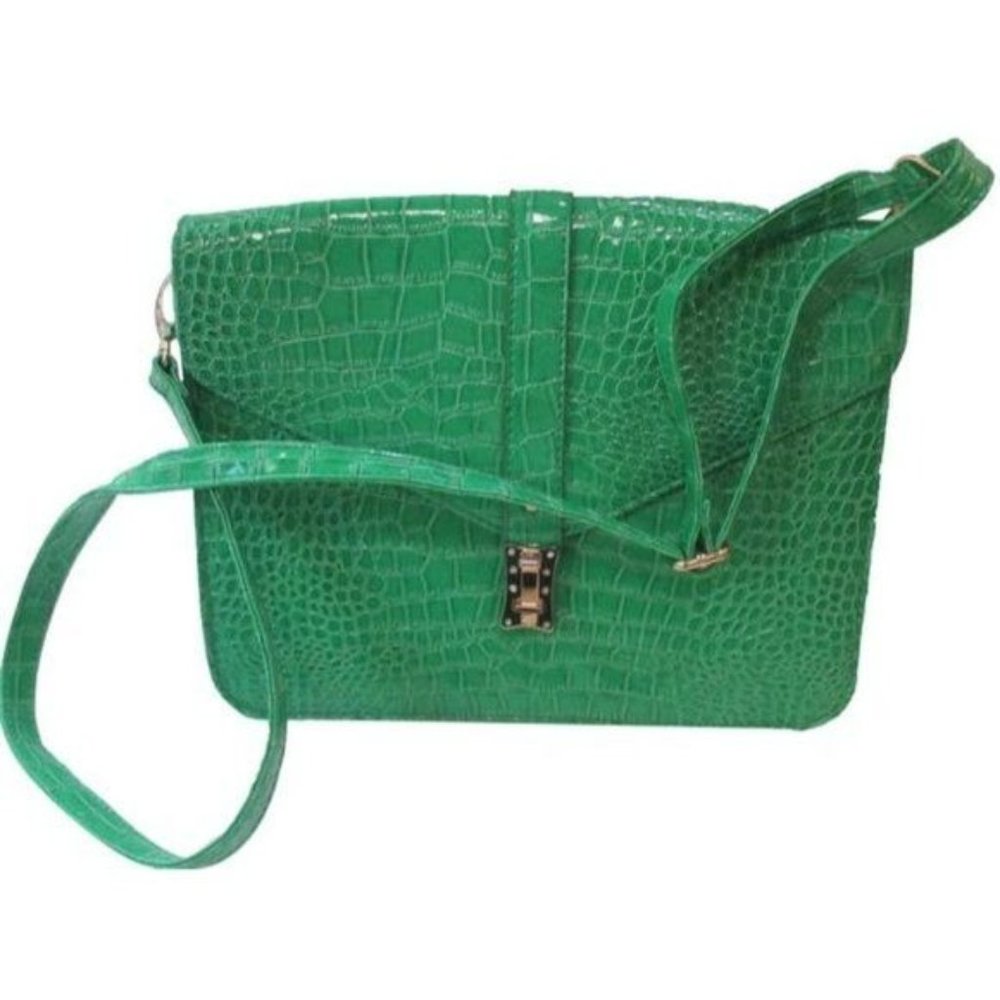 Green NEON Croc Patent Embossed Faux Leather Shoulder Bag